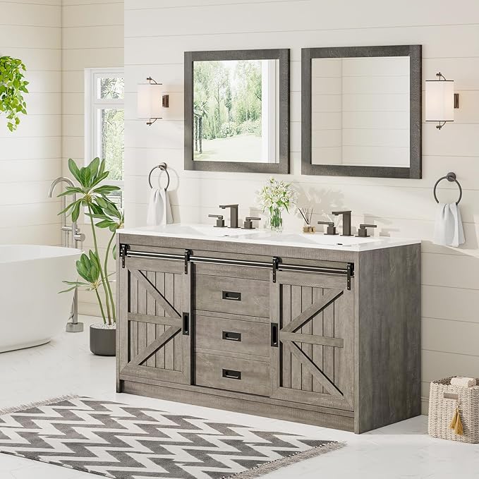AMERLIFE Double Farmhouse Bathroom Vanity with Sink, 61in Sliding Barn Door Bathroom Storage Cabinet with Sliding Doors & Drawers, Dual Basin, Large Double Bath Vanity Sink Combo, Light Grey