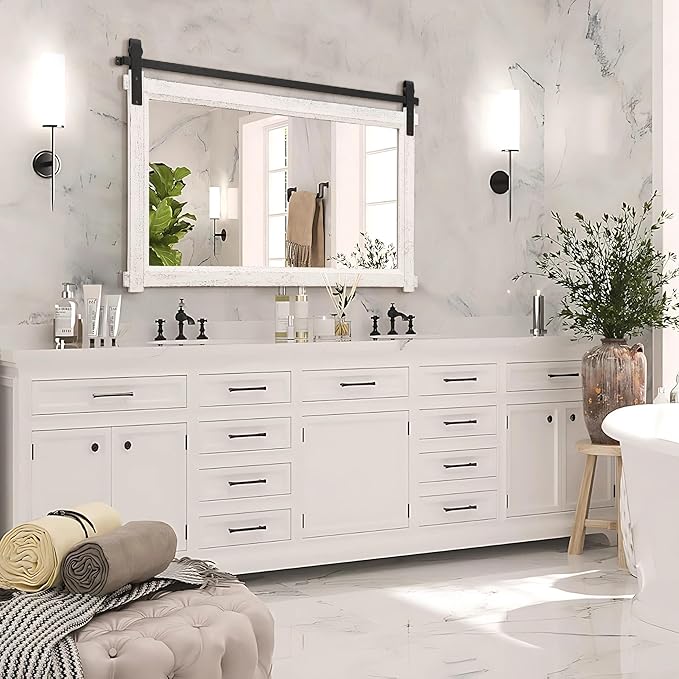 Besdomus Large Bathroom Farmhouse Mirror: 42"x28" White Barn Door Farmhouse Solid Cedar Wood Frame - Rustic Wall Mounted Mirror for Entryway/Living Room/Bathroom Redo - Home Decor for Housewife