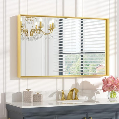 Keonjinn 40x24 Inch Gold Bathroom Mirror for Over Sink, Rectangular | HD Tempered Glass, Vanity Mirror, Brushed Framed, Square Corner, Modern Farmhouse, Wall Mounted Mirrors, Aluminum Alloy