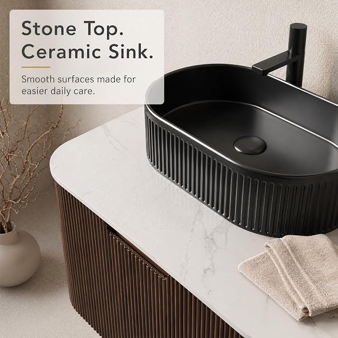 30 Inch Bathroom Vanity with Sink, Floating Wall Mounted Single Sink Vanity, Dark Walnut Curved Fluted Front, Stone Top, Black Textured Oval Vessel Basin, Pre-Assembled