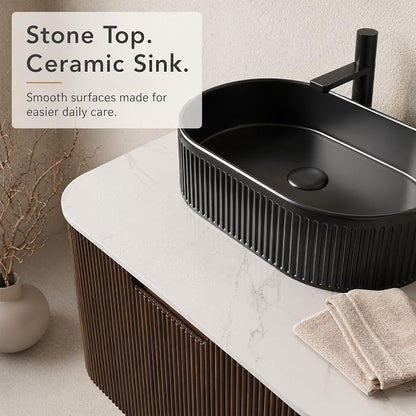 30 Inch Bathroom Vanity with Sink, Floating Wall Mounted Single Sink Vanity, Dark Walnut Curved Fluted Front, Stone Top, Black Textured Oval Vessel Basin, Pre-Assembled