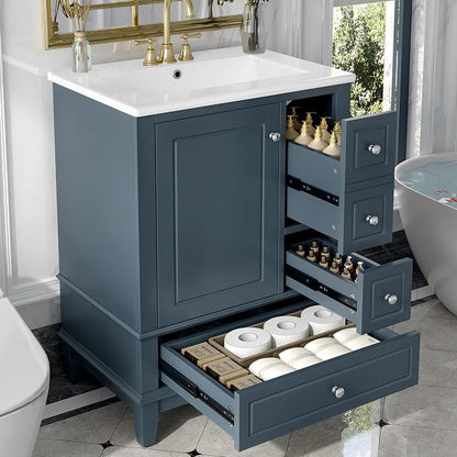 24" Vanity with Sink, Small Bathroom Vanities 24 Inch with Sink, Single Sink Bathroom Vanity with Door Shelf and Three Drawers, Restroom Vanity with Sink Top (Blue)
