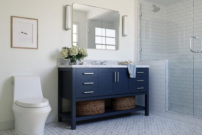 Olivia 60-Inch Midnight Blue Bathroom Vanity with Rectangular Sink, 1.5" Italian Carrara Marble Countertop & Backsplash, 2 Soft-Closing Doors, 6 Dovetail Drawers, Brushed Nickel