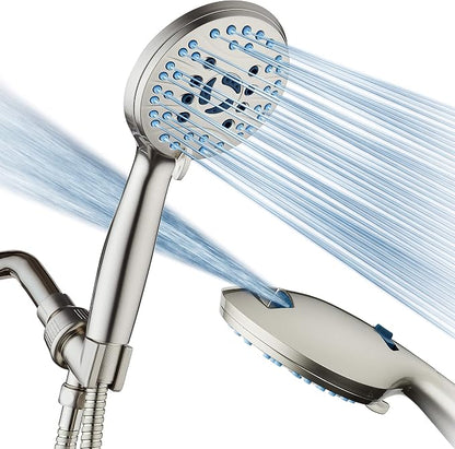 AquaCare 8-mode High Pressure Handheld Shower Head with 2-mode Power Wash | Stay Clean Nozzles, Dual Power Wash for Tub, Tile & Pets, Long 6 ft. Stainless Steel Hose, Wall & Overhead Brackets / Nickel