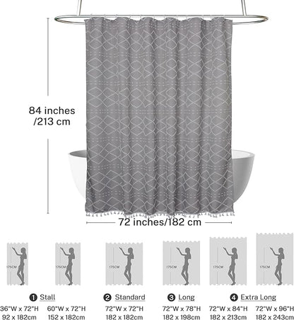 Extra Long Boho Grey Shower Curtain with Tassels 72 x 84, Tufted Chevron Striped Chenille Woven Fabric Cloth Shower Curtain Modern Farmhouse Minimalist, Shabby Chic Textured for Bathroom