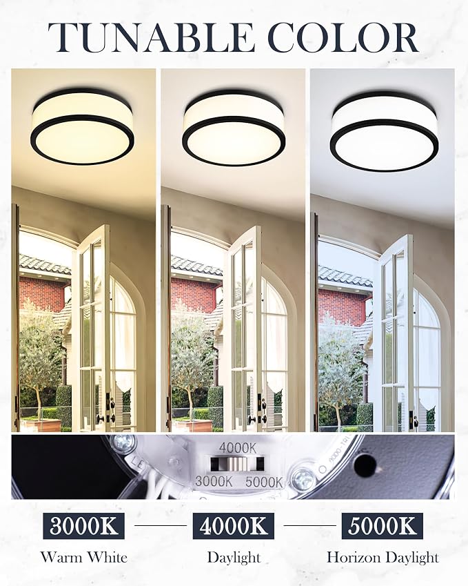 LED Flush Mount Ceiling Light, 15 inch, 24W Dimmable 3000K 4000K 5000K Matte Black Modern Round Ceiling Light Fixture for Kitchen, Hallway, Bathroom, Stairwell, LMS-054