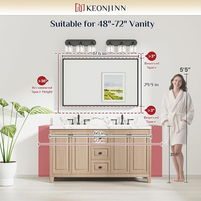 Keonjinn 48 x 30 Inch Black Bathroom Mirrors for Over Sink, Metal Frame | Rectangular Mirrors for Wall, Beveled Framed Design, Rustic Bathroom Vanity Mirror, Safety HD Tempered Glass, Square Corner