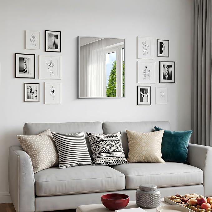 BONEWEI Silver Bathroom Mirror,20x24 inch Wall Mirror for Bathroom Wall Mounted,Rectangle Mirror for Bathroom Over Sink,Modern Metal Frame for Living Room,Bedroom Entryway,Horizontal/Vertical