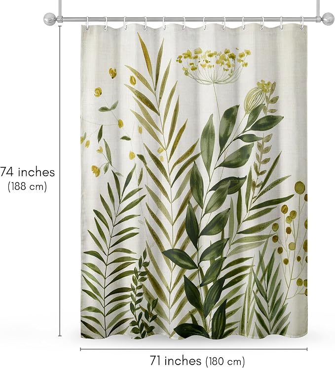 Americanflat 71x74 Botanical Shower Curtain - Water-Resistant Long Shower Curtain with Durable Metal Grommets and 12 Hooks - 100% Polyester - Ivory, Muted Yellow and Green Bathroom Curtains