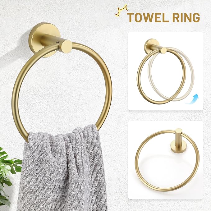 TURS Brushed Gold 4-Pieces Towel Ring Set Include Towel Ring Double Base Toilet Paper Holder Towel Hook SUS304 Stainless Steel Bathroom Accessories Kit Wall Mounted