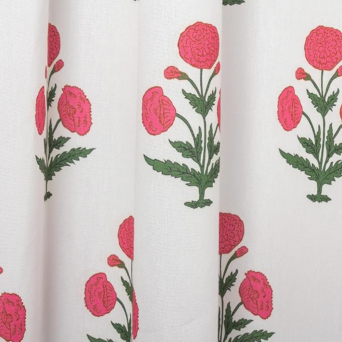 MUGINYU Pink Floral Shower Curtain-72x72 Inches,Cotton Blend Cloth Fabric,Girly Cute Coquette Style with Green Block Print for French Country Bathroom Decor