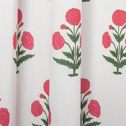 MUGINYU Pink Floral Shower Curtain-72x72 Inches,Cotton Blend Cloth Fabric,Girly Cute Coquette Style with Green Block Print for French Country Bathroom Decor