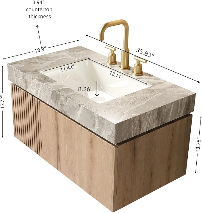 KEIKI 36 Inch Floating Bathroom Vanity with Sink, White Oak & Grey | Modern Wall Mounted Storage Cabinet w/ Drawer & Door, Pre-assembled Wood Panels, Sintered Stone Top & Ceramic Basin Combo Set