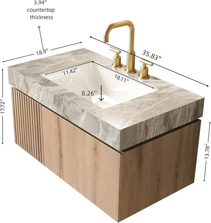 KEIKI 36 Inch Floating Bathroom Vanity with Sink, White Oak & Grey | Modern Wall Mounted Storage Cabinet w/ Drawer & Door, Pre-assembled Wood Panels, Sintered Stone Top & Ceramic Basin Combo Set