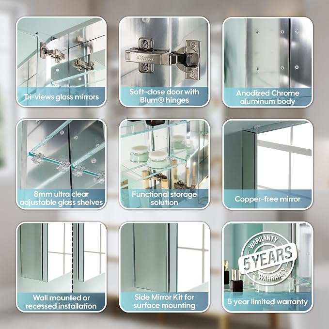 52" x 36" Bathroom Medicine Cabinet with Mirror, Anodized Chrome Aluminum Frame, Surface Mount or Recessed Medicine Cabinet with Mirror, Bathroom Mirror with Storage, Three Doors