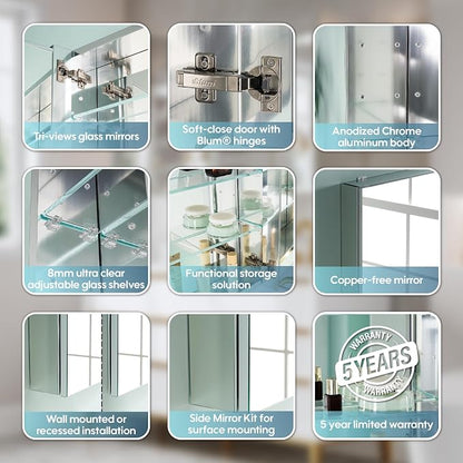 52" x 36" Bathroom Medicine Cabinet with Mirror, Anodized Chrome Aluminum Frame, Surface Mount or Recessed Medicine Cabinet with Mirror, Bathroom Mirror with Storage, Three Doors