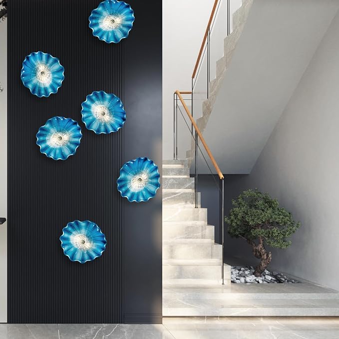 Blue Glass Wall Light Dia 12" Wall Lamp with Murano Glass Shade Vintage Vanity Lighting Fixture with Metal Base Flush Mount Wall Sconce 2-Light for Bathroom, Bedroom, Bedside, Entryway