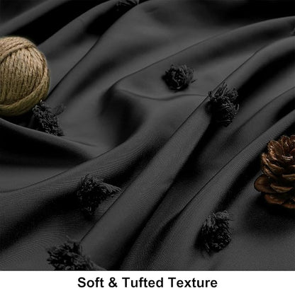 LilyCat Boho Tufted Floral Shower Curtain with Tassel, Black, 72" x 72" | Waterproof Boho Fabric Shower Curtain Set with Hooks, Cute Rustic Vintage Bathroom Décor, Minimalist Cloth Bathroom Curtain