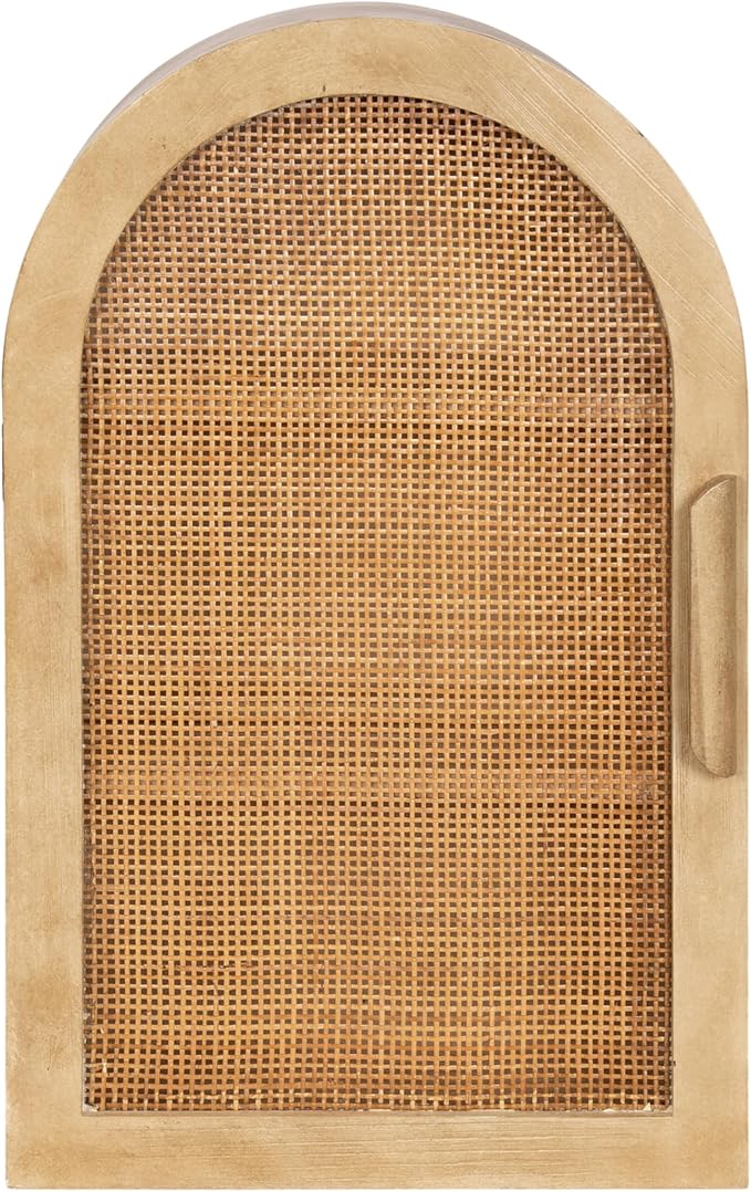 Kate and Laurel Ori Transitional Cane One-Door Arched Wall Cabinet, 15 x 8 x 24, Natural, Decorative Rattan Wall Storage Cabinet with Three Shelves for Entryway or Living Room Decor