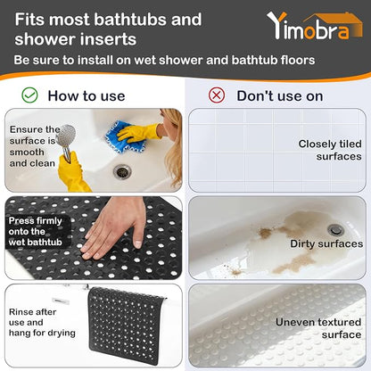 Yimobra Bathtub Mat Non Slip, 27.5"X15.5" Machine Washable Shower Floor Mat, Soft on Feet, Bathmat with Drain Holes and Suction Cups, Bathroom Essentials, Black
