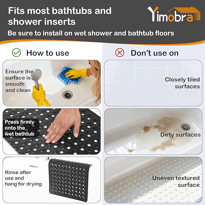 Yimobra Bathtub Mat Non Slip, 34.5"X15.5" Long Shower Mat for Inside Shower, Machine Washable Bath Mat with Drain Holes & Strong Suction Cups, Soft on Feet, Bathroom Essentials, Black