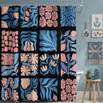 JAWO Pink Turquoise Shower Curtain for Bathroom, Retro Boho Floral Bathroom Curtain Decor, Vintage Abstract Botanical Geometric Groovy Aesthetic Pattern Shower Curtain Sets with 12 Hooks,70X70IN