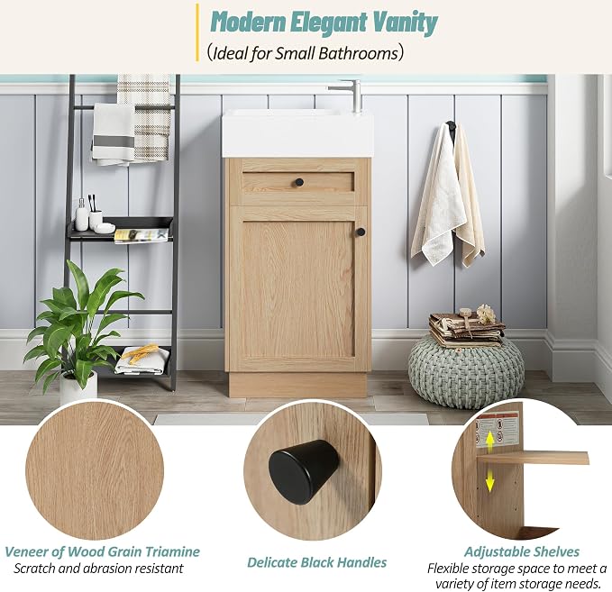 Merax Modern Rustic 18.5'' Bathroom Vanity with Resin Sink, Solid Wood Bathroom Storage Cabinet with Adjustable Shelf & Reversible Door for Small Spaces, Natural