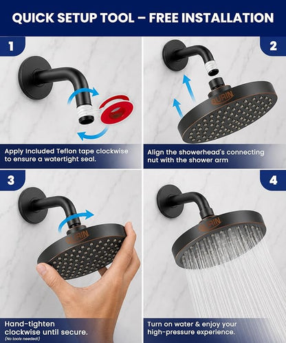 GURIN Shower Head - Luxury Oil Rubbed Black Finish - Rain Showerhead 6 Inch | High Pressure Shower Heads with Adjustable Angles, 90 Anti-Clog Nozzles, Tool-Free 1-Min Install