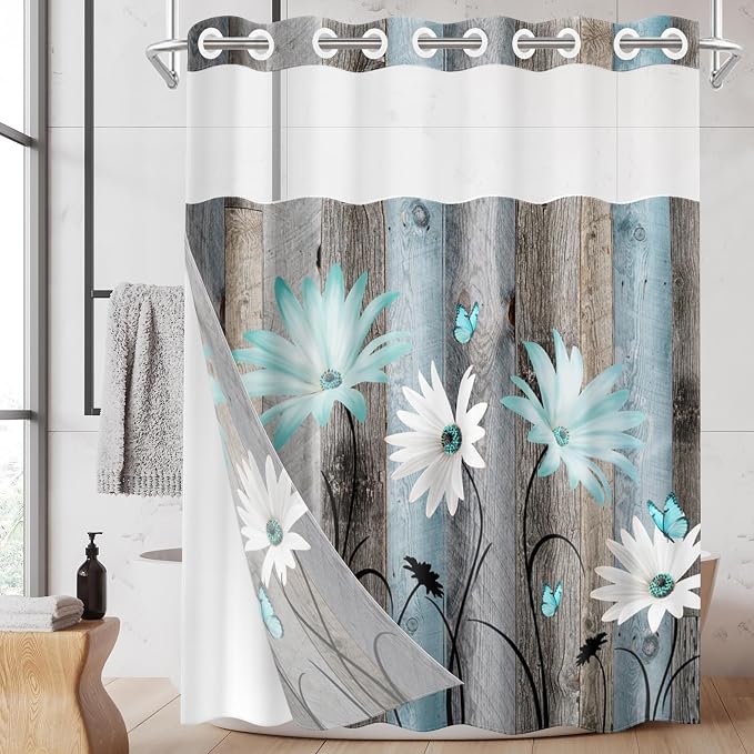 No Hook Shower Curtain with Snap in Liner 71x74 Inch Teal Daisy | Butterfly Farmhouse Rustic Modern Double Layers Waterproof Fabric with See Through Top Window Open Grommet Bath Curtain