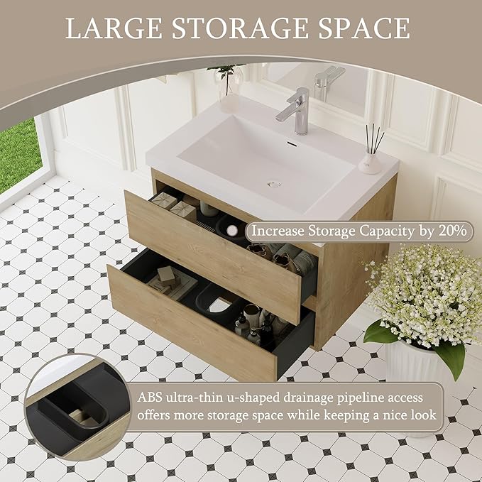 Floating Bathroom Vanity with Sink, 30" Wall-Mounted Bathroom Storage Vanity Cabinet with Resin Top Basin and Soft Close Drawers, No Assembly Required, Natural Oak