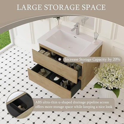 Floating Bathroom Vanity with Sink, 30" Wall-Mounted Bathroom Storage Vanity Cabinet with Resin Top Basin and Soft Close Drawers, No Assembly Required, Natural Oak