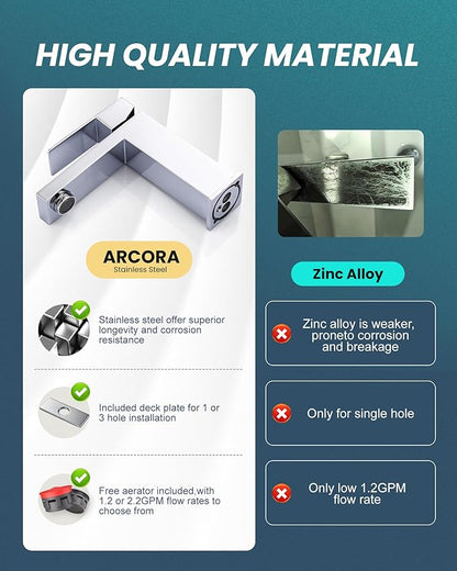 ARCORA Single Handle Bathroom Faucet: 304 Stainless Steel Bathroom Sink Faucet Single Hole with cUPC Supply Lines and Pop Up Drain, Chrome