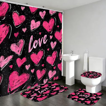 DDQQ 4 Pcs Pink Heart Shower Curtain Set Love Bathroom Sets with Shower Curtain and Rugs Romantic Bathroom Decor Accessories Bathroom Rugs Toilet Lid Cover with Hooks
