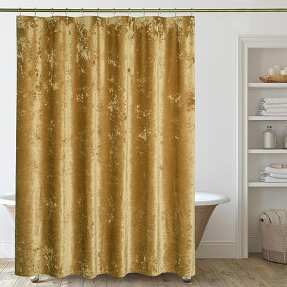 TAMGHO Mustard Gold Shower Curtain for Bathroom, Crushed Velvet Dark Mustard Yellow Shower Curtain with Gold Decro Metal Hooks, Machine Washable Thick Fabric, 72 x 72 inches