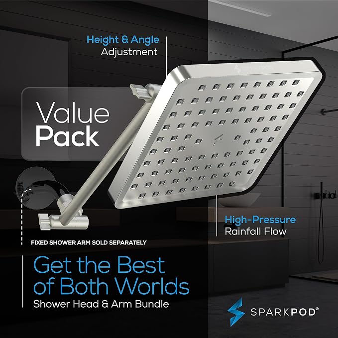 SparkPod 8" Square Rain Shower Head with 11" Shower Arm | Shower Head & Extension Arm Combo, Height Adjustable, High Pressure Performance, Easy 1-Minute Installation, Brushed Nickel