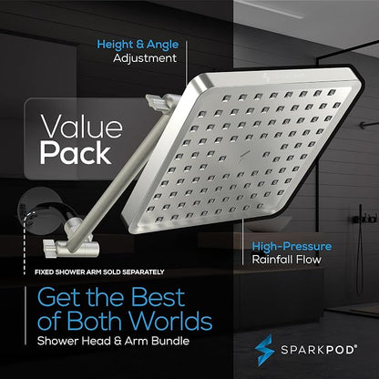 SparkPod 8" Square Rain Shower Head with 11" Shower Arm | Shower Head & Extension Arm Combo, Height Adjustable, High Pressure Performance, Easy 1-Minute Installation, Brushed Nickel
