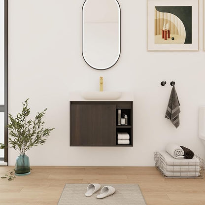 28" Wall-Mounted Bathroom Vanity with Ceramic Sink, 28 inch Floating Single Sink Vanity Cabinet Modern Brown 1-Door Design with Storage Shelf (Space-Saving for Small Bathrooms), Black