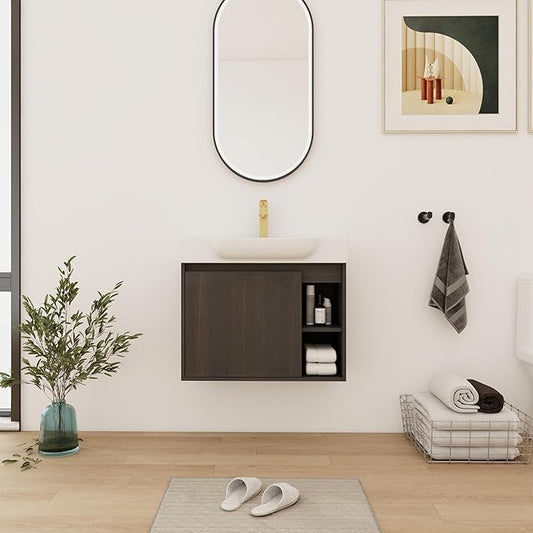 28" Wall-Mounted Bathroom Vanity with Ceramic Sink, 28 inch Floating Single Sink Vanity Cabinet Modern Brown 1-Door Design with Storage Shelf (Space-Saving for Small Bathrooms), Black