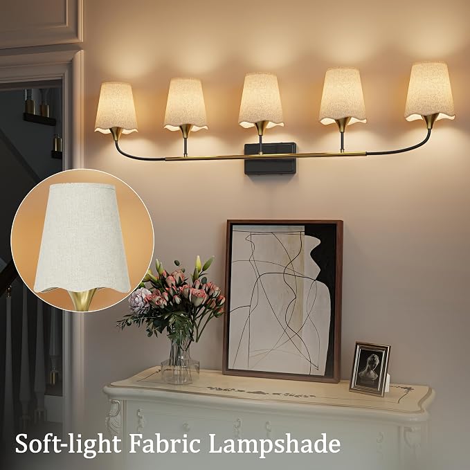 Morauroral Bathroom Light Fixtures Over Mirror, 5 Light Vanity Light for Bathroom, Black Gold Vanity Light Fixtures with Fabric Linen Shade, E26 Socket Sconce Wall Decor(ETL Listed)