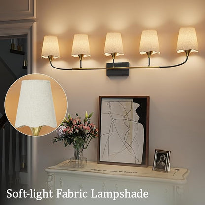 Morauroral Bathroom Light Fixtures Over Mirror, 5 Light Vanity Light for Bathroom, Black Gold Vanity Light Fixtures with Fabric Linen Shade, E26 Socket Sconce Wall Decor(ETL Listed)