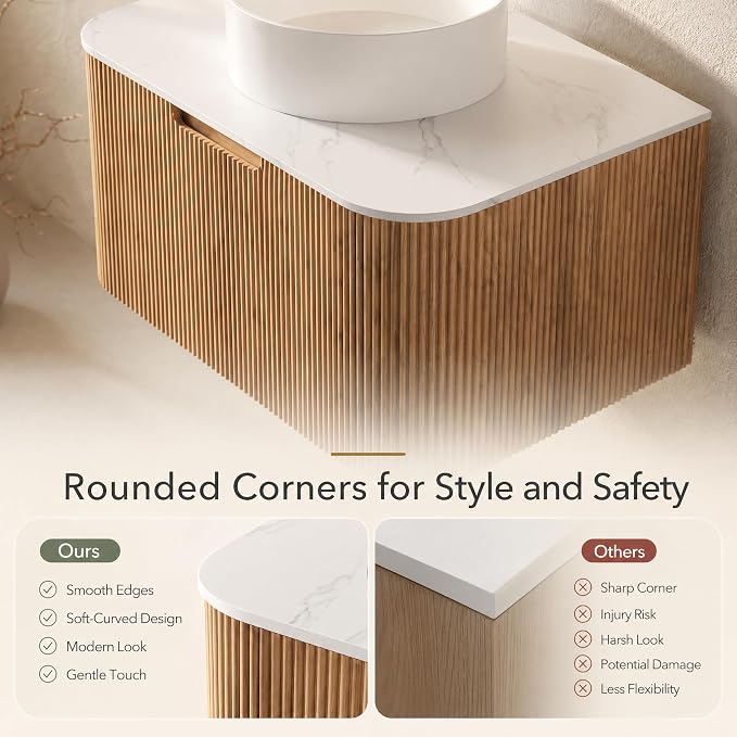 30 Inch Bathroom Vanity with Sink, Floating Wall Mounted Single Sink Vanity, Natural Woodgrain Curved Fluted Front, Stone Top, Pure White Round Vessel Basin, Pre-Assembled