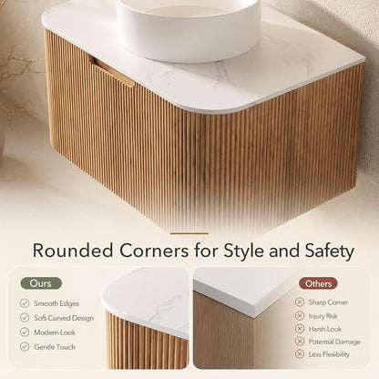30 Inch Bathroom Vanity with Sink, Floating Wall Mounted Single Sink Vanity, Natural Woodgrain Curved Fluted Front, Stone Top, Pure White Round Vessel Basin, Pre-Assembled