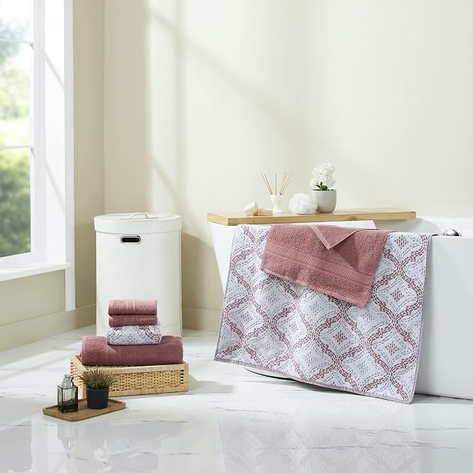 Modern Threads Capri 6-Piece Reversible Yarn Dyed Jacquard Towel Set - Bath Towels, Hand Towels, & Washcloths - Super Absorbent & Quick Dry - 100% Combed Cotton, Rosewood
