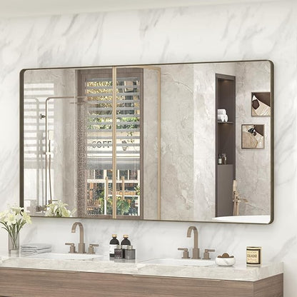 60x36 Bronze Bathroom Vanity Mirror for Wall, Large Bronze Frame Mirror with Brushed Metal Frame, Rounded Rectangle Mirror, Shatterproof, Anti-Rust (Horizontal/Vertical)