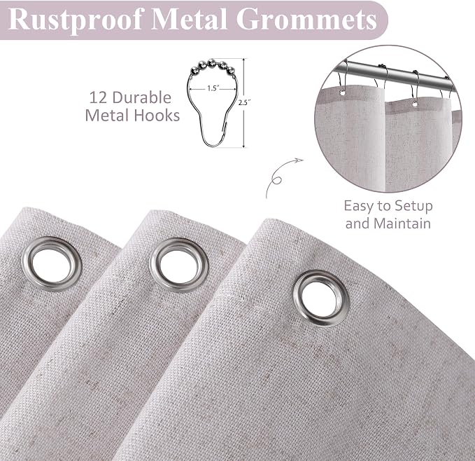 Champagne Linen Shower Curtain, Cloth Textured Fabric Shower Curtain Set with Hooks, Simple Elegant Modern Farmhouse Country Ultra Thick Bath Curtains for Bathroom,Water Repellent,72x84