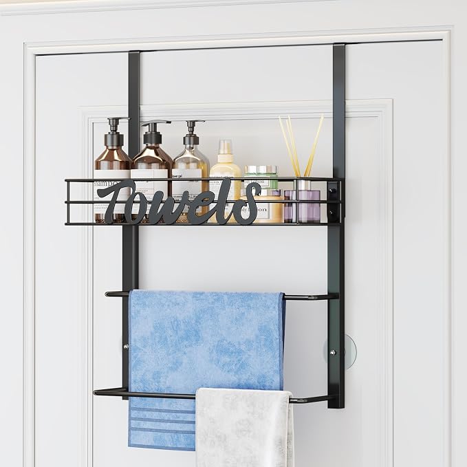 SWTYMIKI Over the Door Towel Racks for Bathroom - 3-Tier Wall Mounted Bathroom Towel Storage Organizer Holder with Metal Shelf, Black