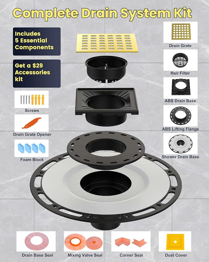 4" Shower Drain Kit Compatible with Schluter Kerdi, Premium 304 Stainless Steel Flange System, Exact Fit Alternative for Tile Floors, Includes Hair Strainer & Grate Opener, Brushed Gold