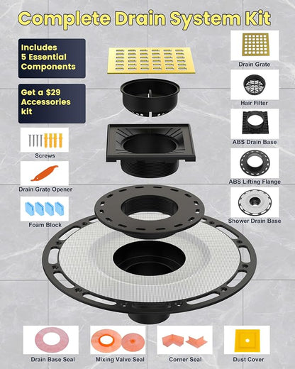 4" Shower Drain Kit Compatible with Schluter Kerdi, Premium 304 Stainless Steel Flange System, Exact Fit Alternative for Tile Floors, Includes Hair Strainer & Grate Opener, Brushed Gold
