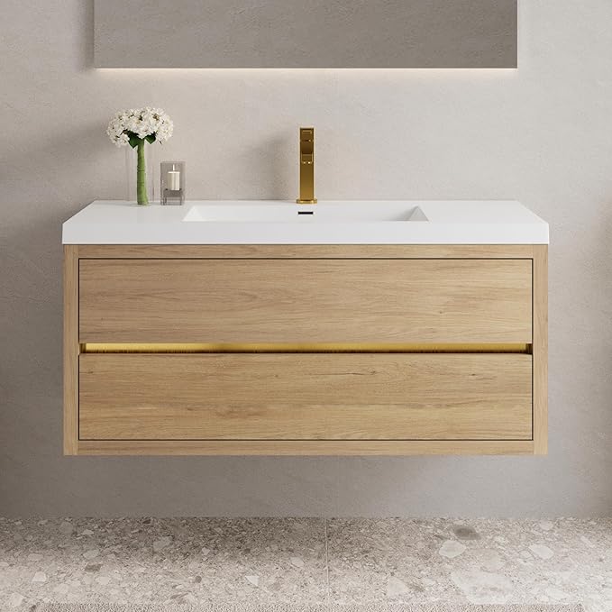 Abruzzo 48" Natural Oak Wall-Mounted Bathroom Vanity with Sink Stone Resin Countertop & Soft-Close Drawers, Waterproof Wood Cabinet for Small Bathrooms