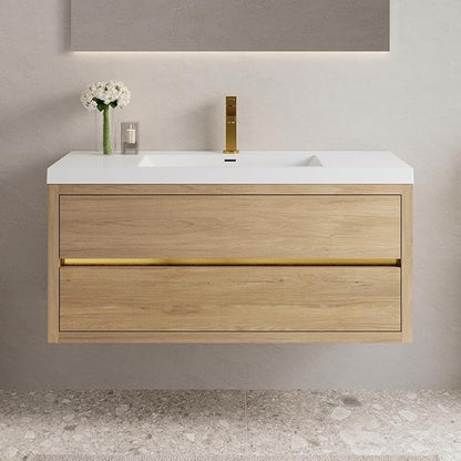 Abruzzo 48" Natural Oak Wall-Mounted Bathroom Vanity with Sink Stone Resin Countertop & Soft-Close Drawers, Waterproof Wood Cabinet for Small Bathrooms